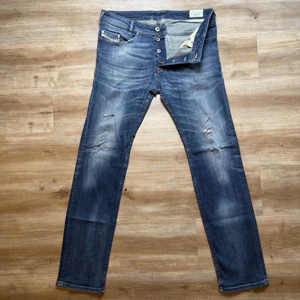 Diesel Iakop Jeans Men 33x34‎ Blue Regular Slim Tapered Stretch Distressed 0802C